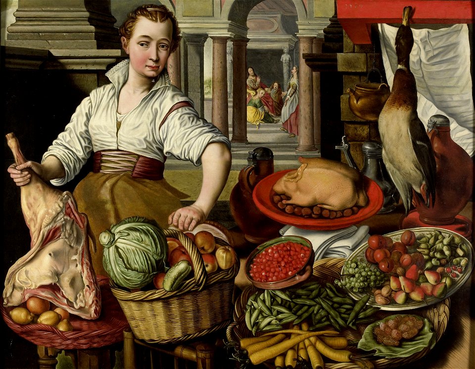 Joachim Bueckelaer - Kitchen Piece, with Jesus in the House of Martha and Mary in the background