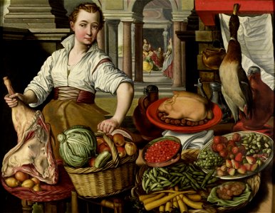 Joachim Bueckelaer - Kitchen Piece, with Jesus in the House of Martha and Mary in the background
