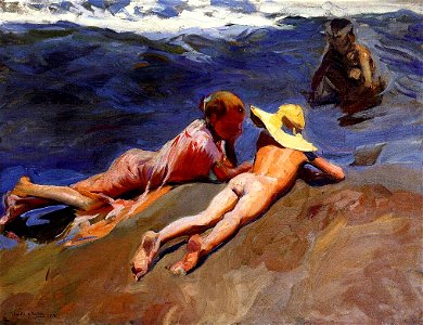 Joaquin Sorolla On the Sand Valencia Beach. Free illustration for personal and commercial use.