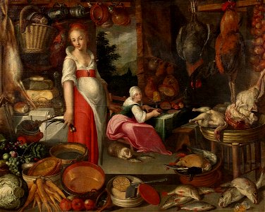 Joachim Beuckelaer (Umkreis) Küche mit Köchin und Magd