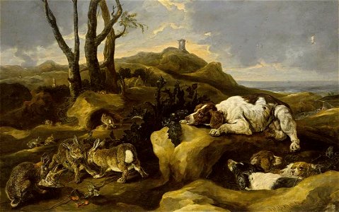 Joannes Fijt - Spaniels Stalking Rabbits in the Dunes - WGA08353
