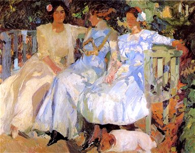 Joaquín Sorolla - My Wife and Daughters in the Garden. Free illustration for personal and commercial use.