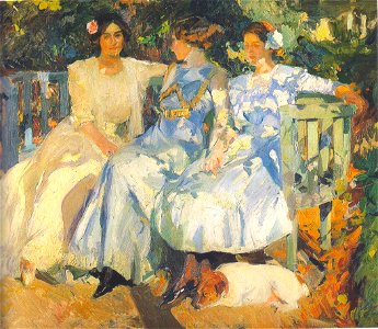 Joaquin Sorolla My Wife and Daughters in the Garden. Free illustration for personal and commercial use.