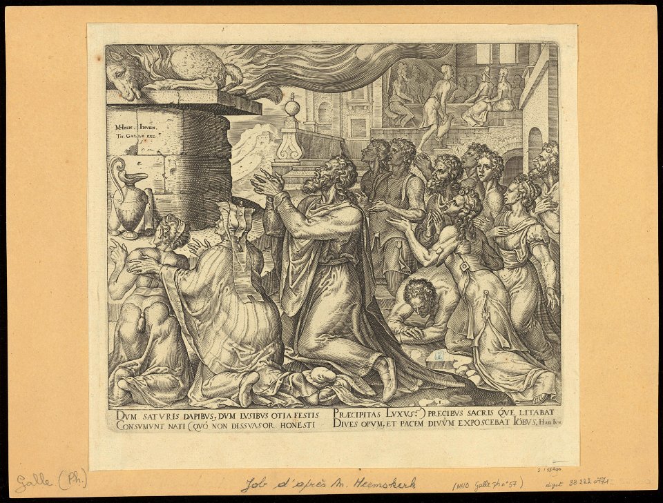 Job Sacrificing for The Sins of His Children 1563 print by Maarten van Heemskerck, S.I 55700, Prints Department, Royal Library of Belgium