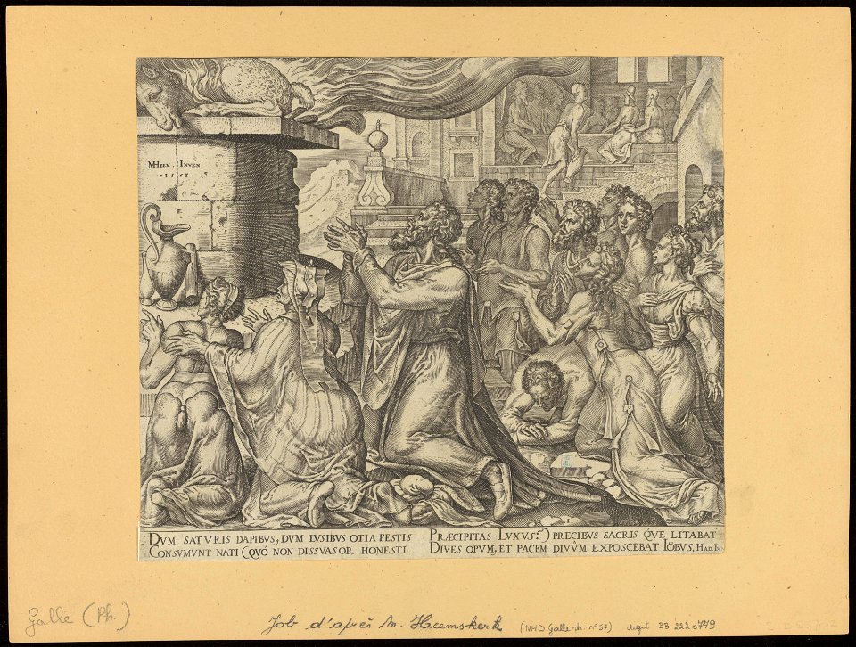Job Sacrificing for The Sins of His Children 1563 print by Maarten van Heemskerck, S.I 55702, Prints Department, Royal Library of Belgium