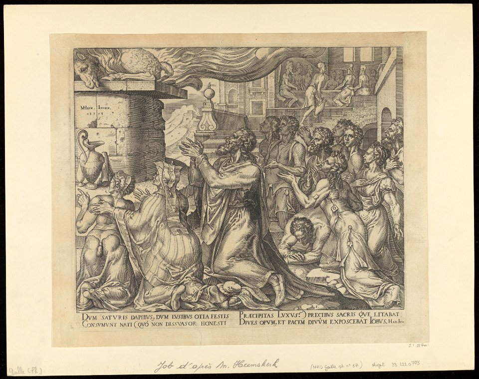 Job Sacrificing for The Sins of His Children 1563 print by Maarten van Heemskerck, S.I 55701, Prints Department, Royal Library of Belgium