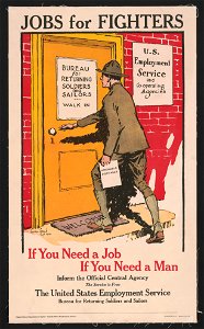 Jobs for fighters - If you need a job, if you need a man, inform the official central agency - The service is free The United States Employment Service, Bureau for Returning Soldiers and LCCN2002712342. Free illustration for personal and commercial use.