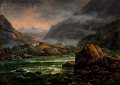 Johan Christian Dahl - River in Hardanger - Elvemunning i Hardanger - KODE Art Museums and Composer Homes - BB.M.00765. Free illustration for personal and commercial use.