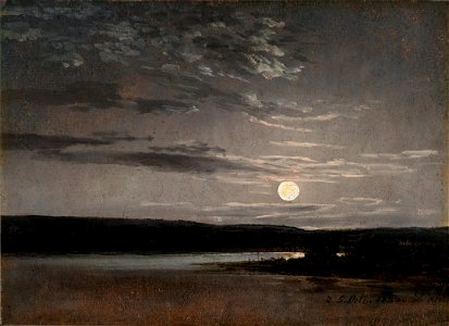 Johan Christian Dahl - The Elbe in Moonlight - Landskap i måneskinn - KODE Art Museums and Composer Homes - BB.M.00933. Free illustration for personal and commercial use.