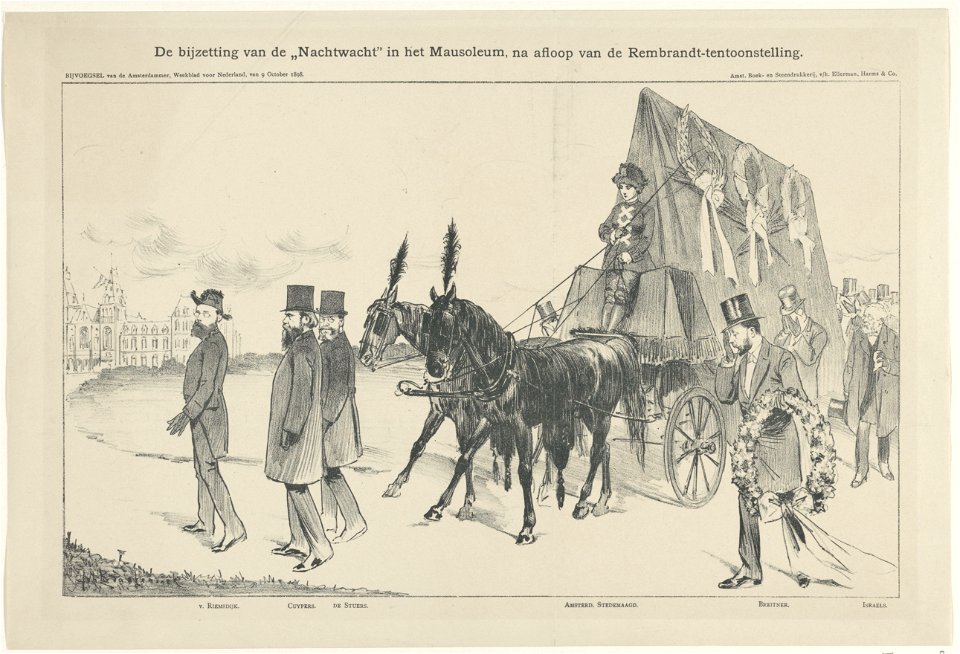 Johan Braakensiek, De bijzetting van de Nachtwacht in het Mausoleum, na afloop van de Rembrandt-tentoonstelling, spotprent in De Amsterdammer van 9 October 1898