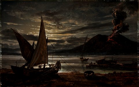 Johan Christian Clausen Dahl - Bugten ved Napoli i måneskin og Vesuv i udbrud - Thorvaldsens Museum - B179