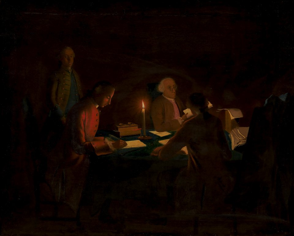 Johan Hörner - Interiør med en regnskabsfører og nogle skrivere ved stearinlys - KMS7443 - Statens Museum for Kunst