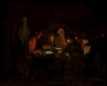 Johan Hörner - Interiør med en regnskabsfører og nogle skrivere ved stearinlys - KMS7443 - Statens Museum for Kunst