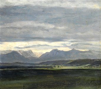 Johan Christian Claussen Dahl - Landscape Skisse med grå-blå himmelen over fjellene