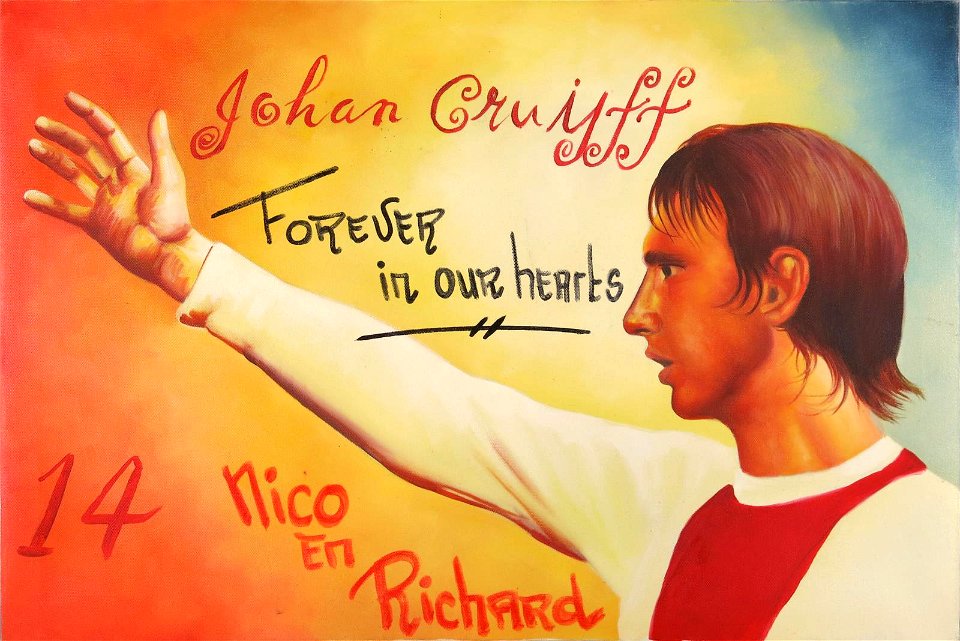 Johan Cruijff, forever in our hearts (achtergelaten door fans van Johan Cruijff bij zijn ouderlijk huis in Betondorp na het overlijden op 24 maart 2016), objectnr 3937
