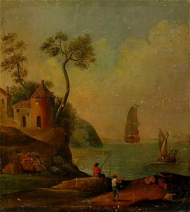 Johan Philip Korn - Pastoralt kustlandskap med figurstaffage-2
