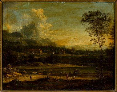 Johann Christian Vollerdt - Mountain landscape with a lake and buildings - M.Ob.1849 MNW - National Museum in Warsaw. Free illustration for personal and commercial use.