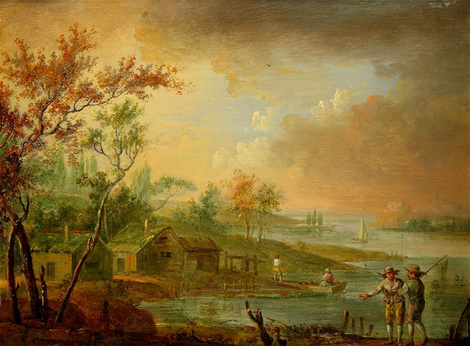 Johan Philip Korn - Sjölandskap med hus och figurer