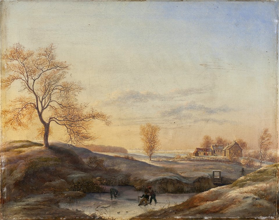 Johan Stroe - Vinterlandskab fra Frederiksdal med skøjteløbere - KMS146 - Statens Museum for Kunst