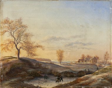 Johan Stroe - Vinterlandskab fra Frederiksdal med skøjteløbere - KMS146 - Statens Museum for Kunst