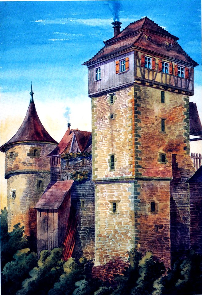 Johann Friedrich Reik (1836-1904), Aquarell, Vellberg, Pulverturm und westlicher Rundturm