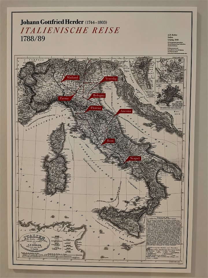 Johann Gottfried Herder — Besuchte Orte während der Italienreise 1788 bis 1789 (Karte)
