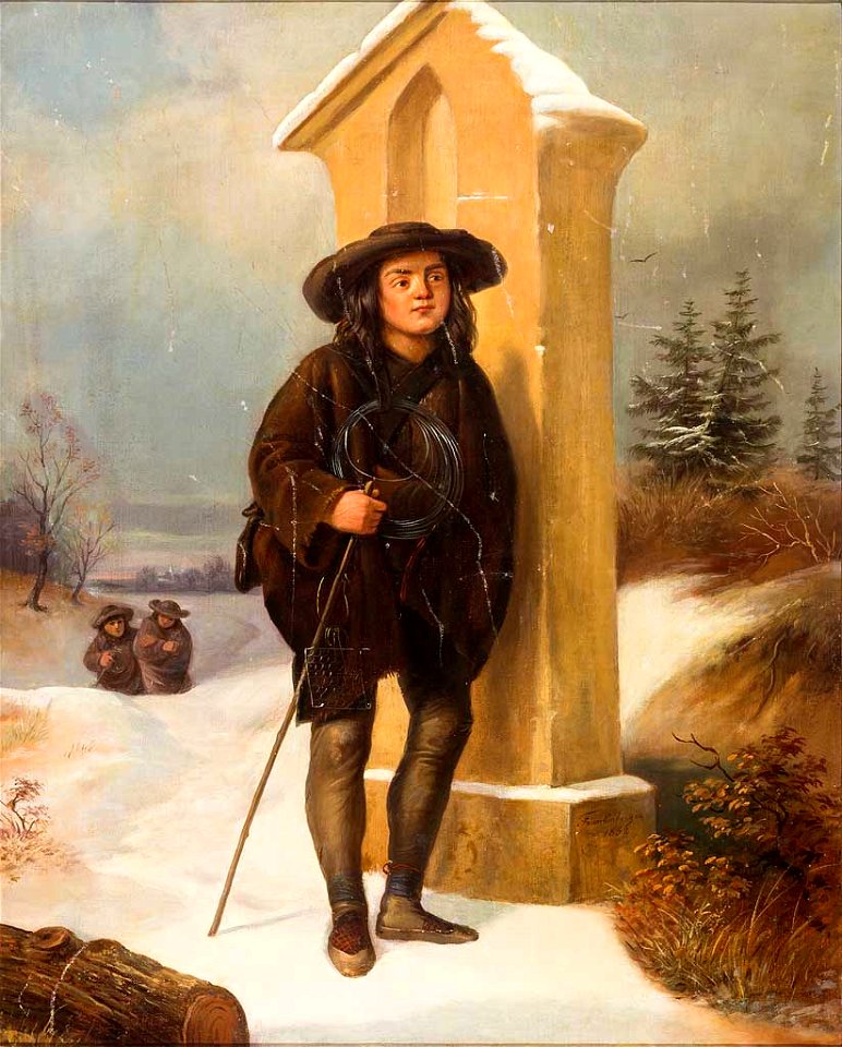 Johann Frankenberger Fallensteller vor einem Marterl