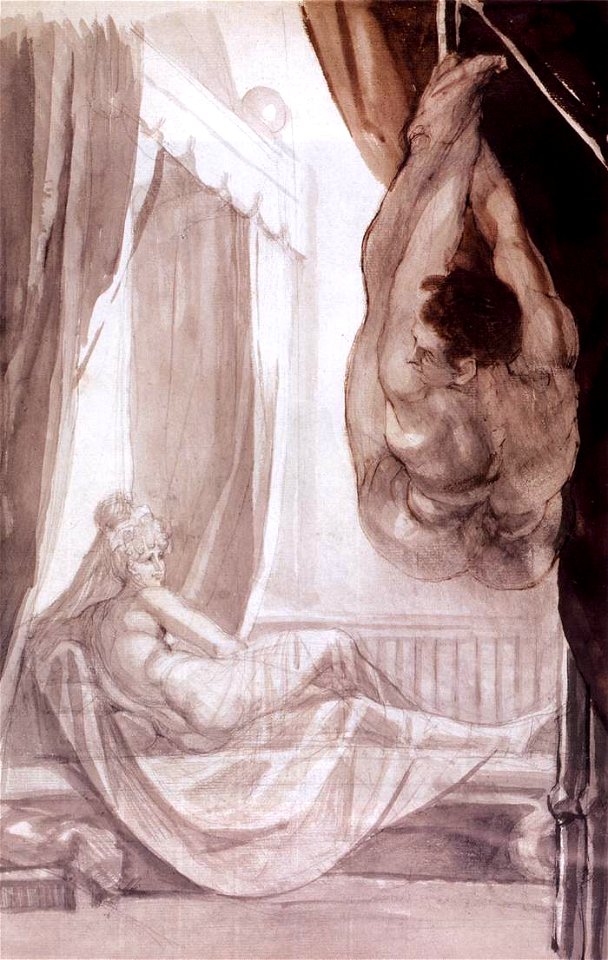 Johann Heinrich Füssli - Brunhilde Observing Gunther, Whom She Has Tied to the Ceiling - WGA08337