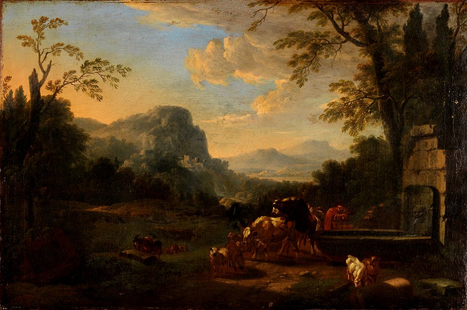 Johann Franciscus Ermels - Südliche Gebirgslandschaft mit Hirt und Herde am Brunnen - 1726 - Staatliche Kunsthalle Karlsruhe