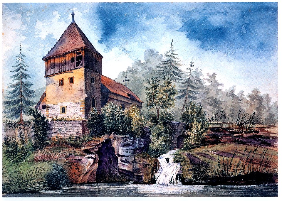 Johann Friedrich Reik (1836-1904), Aquarell, Kirche St. Bartholomäus in Anhausen (Sulzdorf (Schwäbisch Hall))