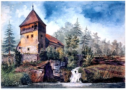Johann Friedrich Reik (1836-1904), Aquarell, Kirche St. Bartholomäus in Anhausen (Sulzdorf (Schwäbisch Hall))