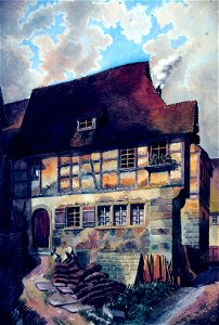Johann Friedrich Reik (1836-1904), Aquarell, Forchtenberg, Hafenmarktgasse Nr. 29, Geburtshaus Leonhard Kerns
