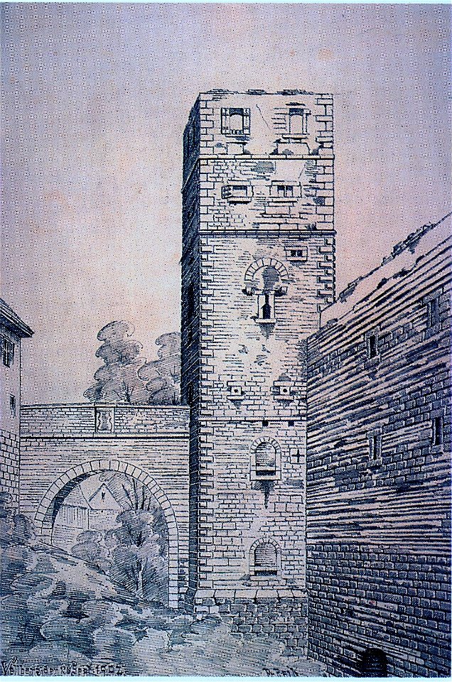 Johann Friedrich Reik (1836-1904), Aquarell, Vellberg, Torturm am 28. September 1902 (nach dem Stadtbrand)