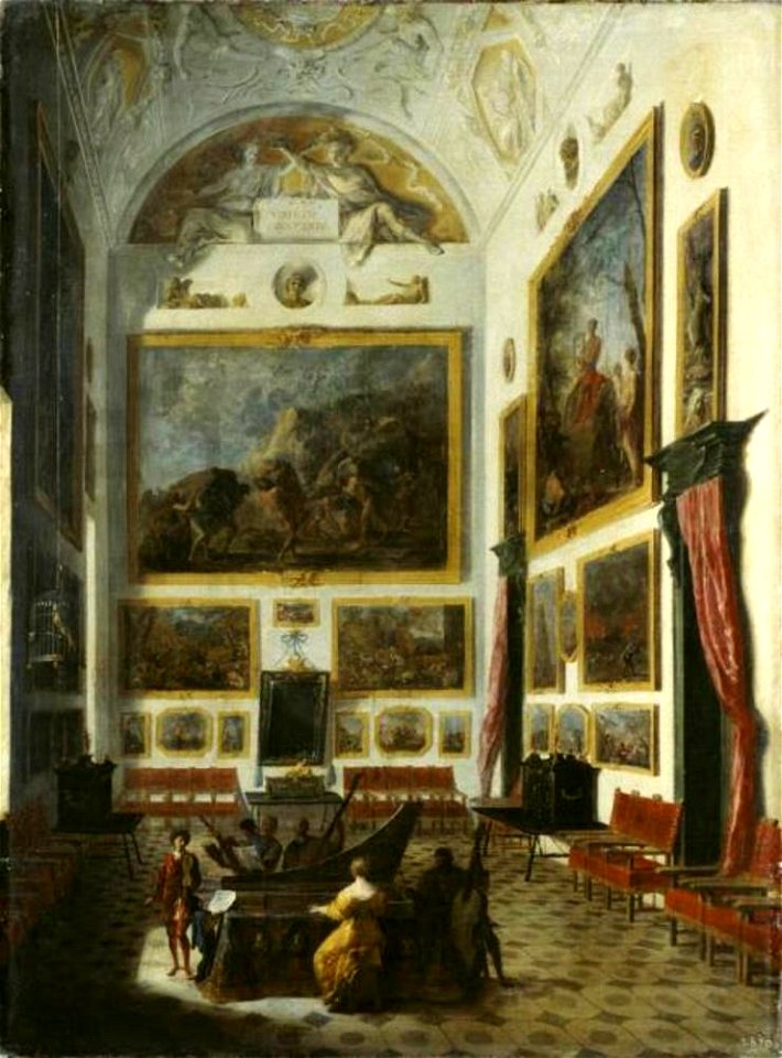 Johann Heinrich Schönfeld - Spinetspeelster in een interieur met schilderijen - Gal.-Nr. 1991 - Staatliche Kunstsammlungen Dresden