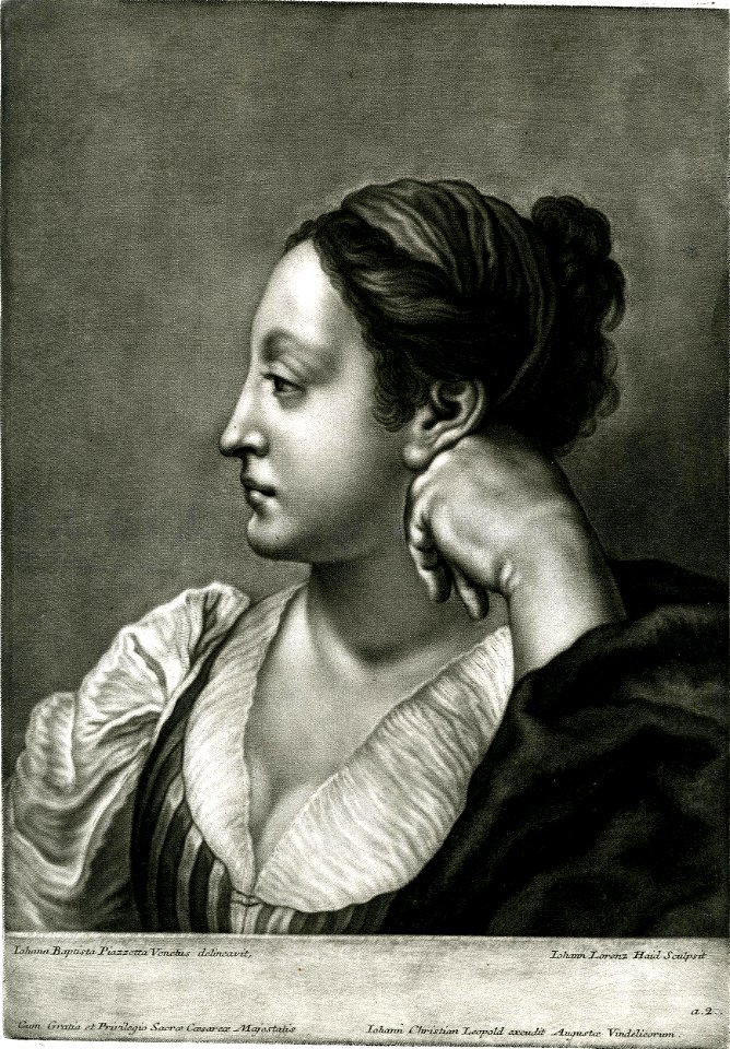 Johann Lorenz Haid - A woman in profile to left; her hand raised to her ear; after Piazzetta. c.1750s, 1897,1117.201