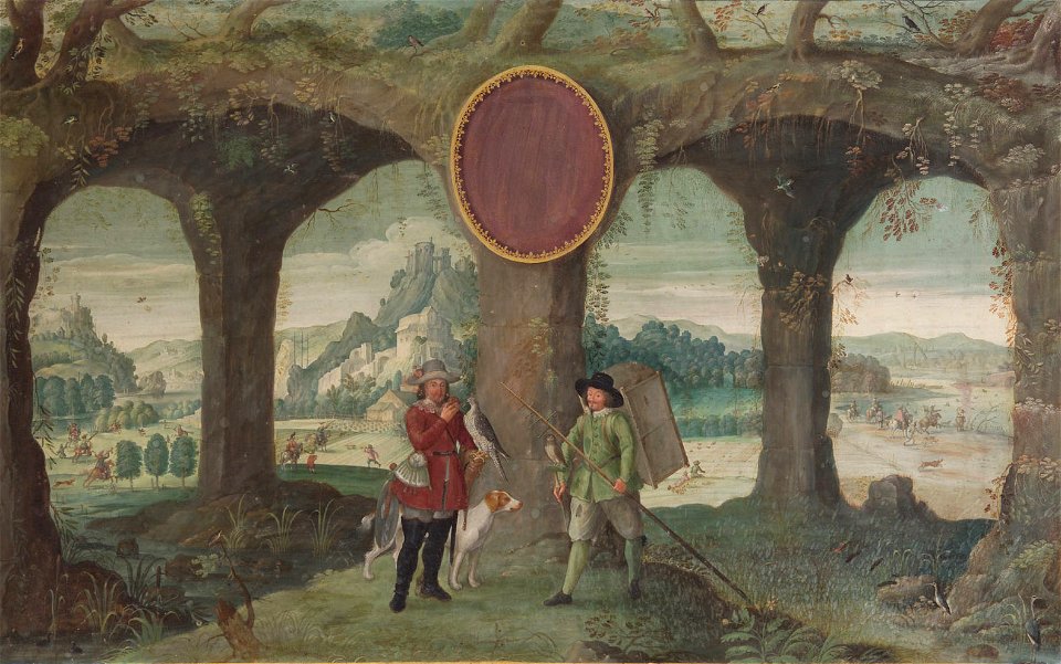 Johann Jakob Besserer - Jahreszeiten mit Jagddarstellungen, Frühling (Falkner mit Falkenbeize) und Sommer (Vogelsteller mit Vogelfang und Entenjagd) - GG 2635 - Kunsthistorisches Museum