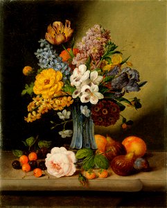 Johann Georg Seitz - Cvetlice v modri vazi in sadje