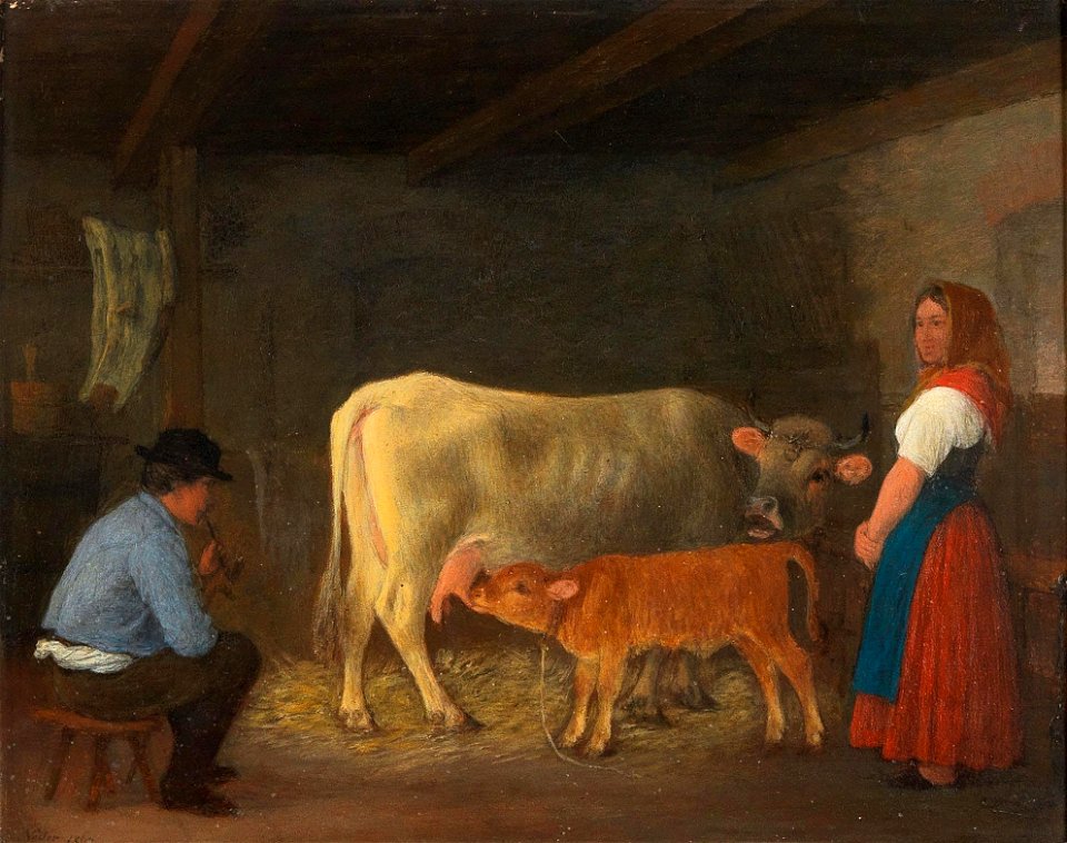 Johann Michael Neder - Calf in the Barn with Farmer and his Wife