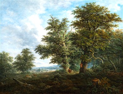 Johann Jakob Dorner (II) - A hilly landscape with a traveller resting under a copse of oak trees. Free illustration for personal and commercial use.