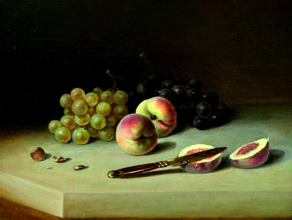 Johann Wilhelm Preyer - Stillleben mit Weintrauben, Pfirsichen und Haselnuss