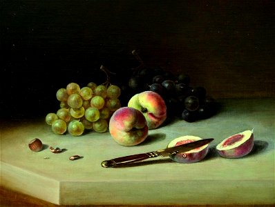 Johann Wilhelm Preyer - Stillleben mit Weintrauben, Pfirsichen und Haselnuss