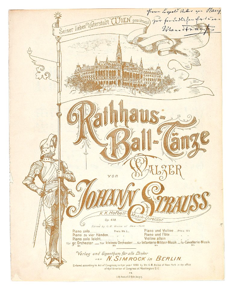 Johann Strauss Rathaus-Ball-Tänze Titelblatt mit Widmung