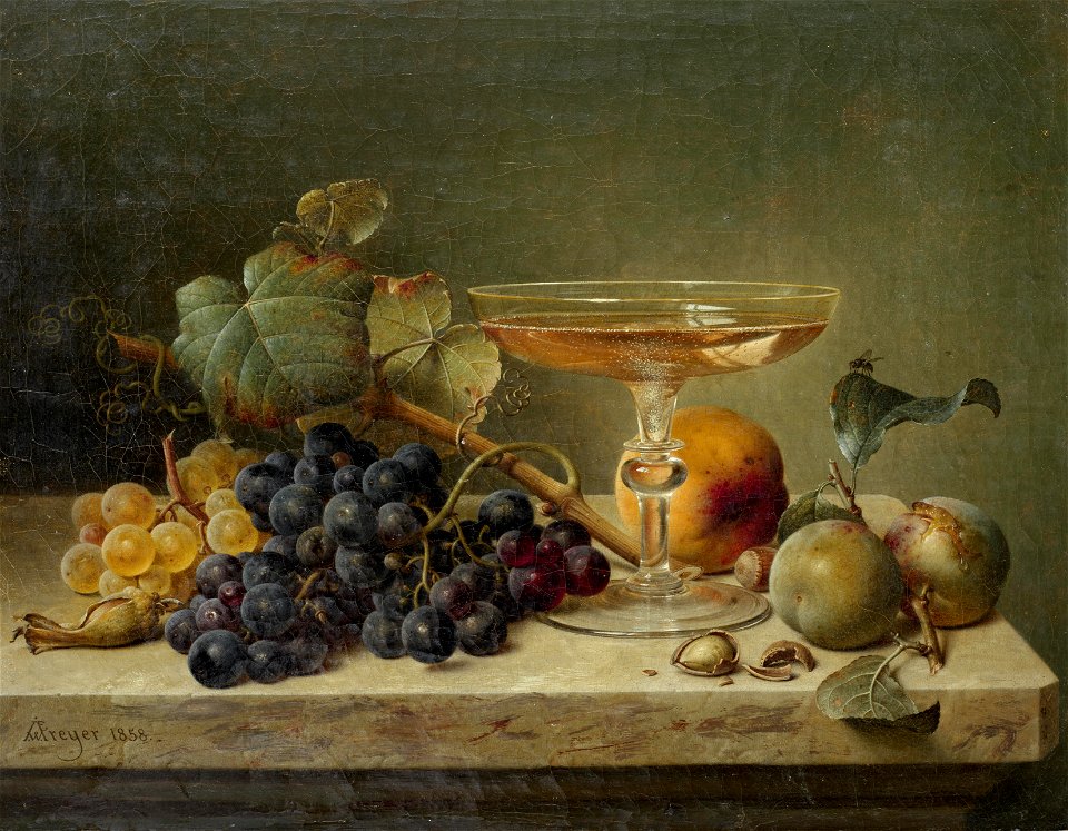 Johann Wilhelm Preyer Still life of fruit nuts and a glass on a marble ledge