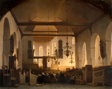 Johannes Bosboom - Interieur van de Geertekerk te Utrecht met de viering van het heilig avondmaal