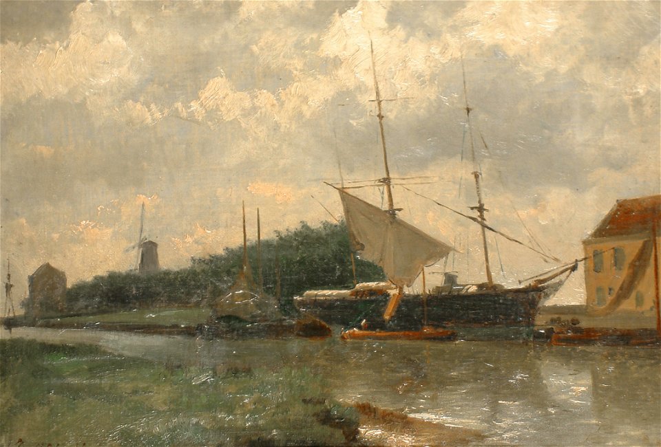 Johannes Hermanus Barend Koekkoek - Boats on a canal with a windmill in the distance