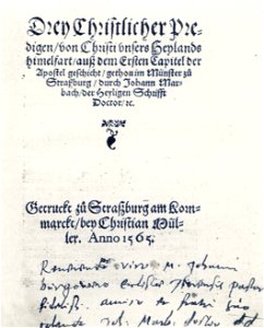 Johannes Marbach Drey Christlicher Predigen Straßburg 1565 (Isny)