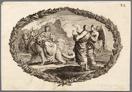 Johannes en de engel tegenover de zevenkoppige draak met een rijk getooide vrouw op zijn rug, objectnr A 48617