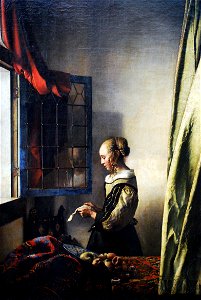 Johannes Vermeer -Girl reading a letter by an open window (c 1657). Free illustration for personal and commercial use.