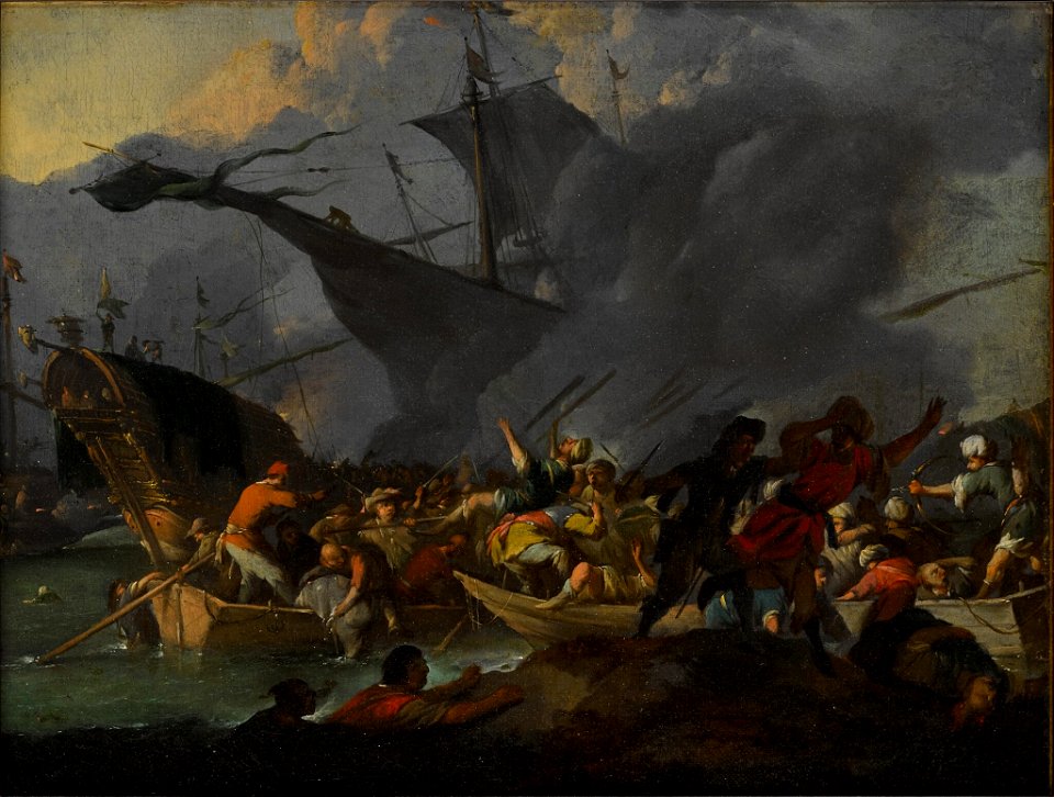 Johannes Lingelbach - The Battle of Lepanto, 1571, with crowded boats and men struggling to shore in the foreground