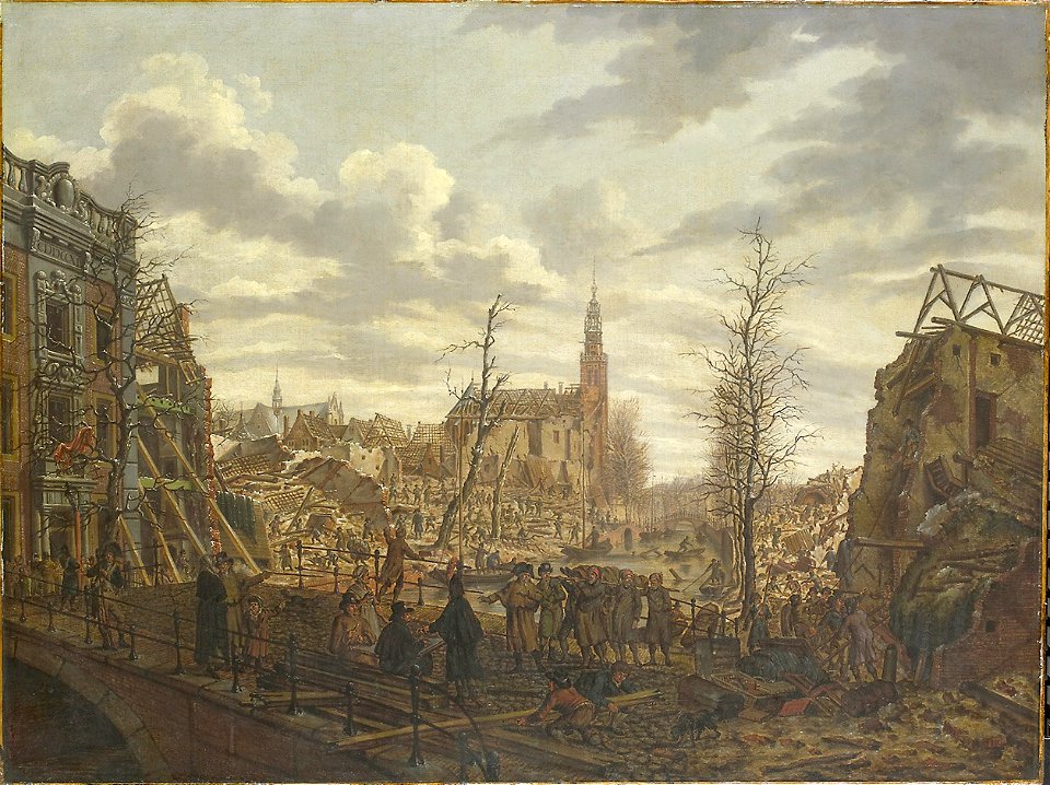 Johannes Jelgerhuis - Het Rapenburg te Leiden drie dagen na de ontploffing van het kruitschip op 12 januari 1807